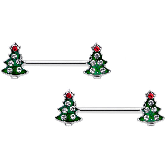14G 9/16 Clear Red Gem Christmas Tree Barbell Nipple Ring Set