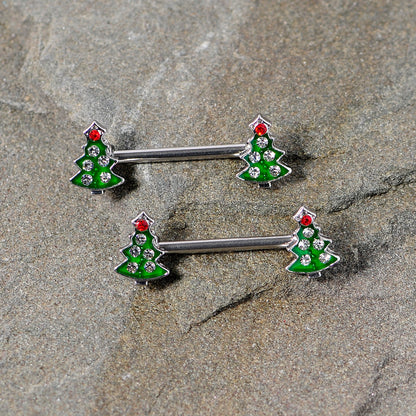 14G 9/16 Clear Red Gem Christmas Tree Barbell Nipple Ring Set
