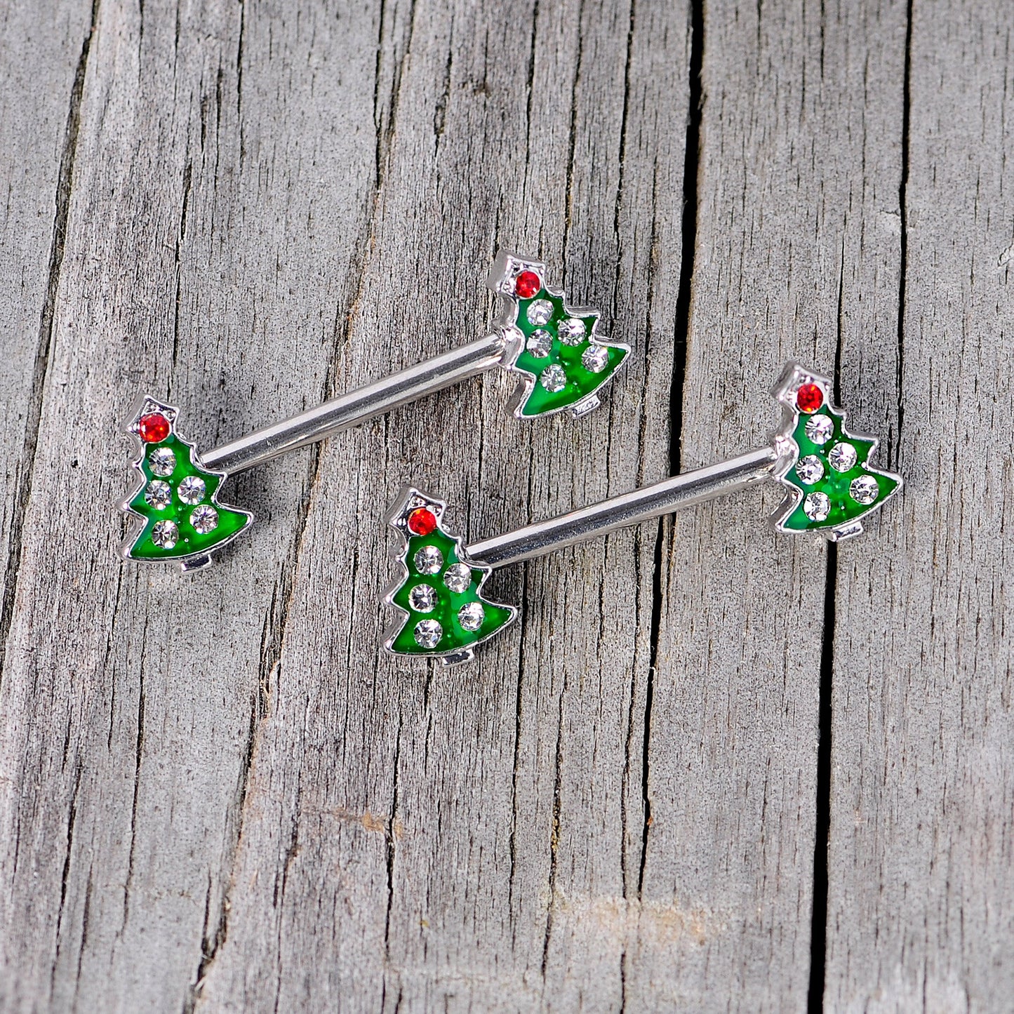 14G 9/16 Clear Red Gem Christmas Tree Barbell Nipple Ring Set