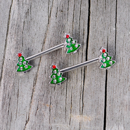 14G 9/16 Clear Red Gem Christmas Tree Barbell Nipple Ring Set