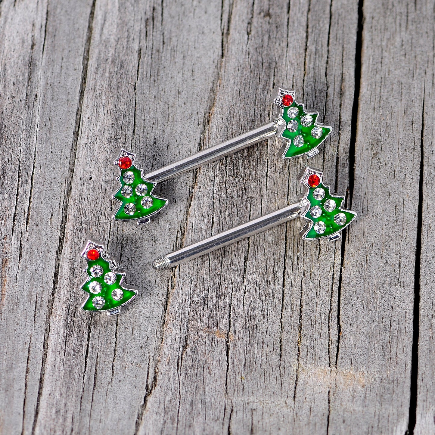 14G 9/16 Clear Red Gem Christmas Tree Barbell Nipple Ring Set
