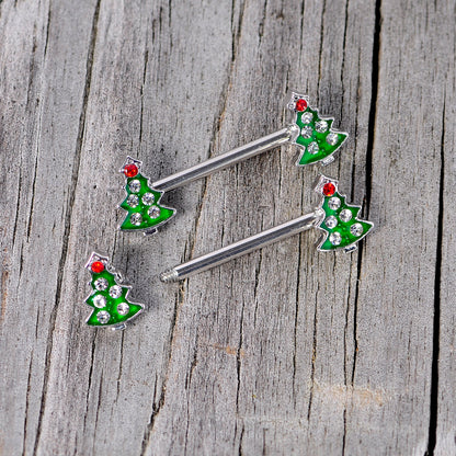14G 9/16 Clear Red Gem Christmas Tree Barbell Nipple Ring Set