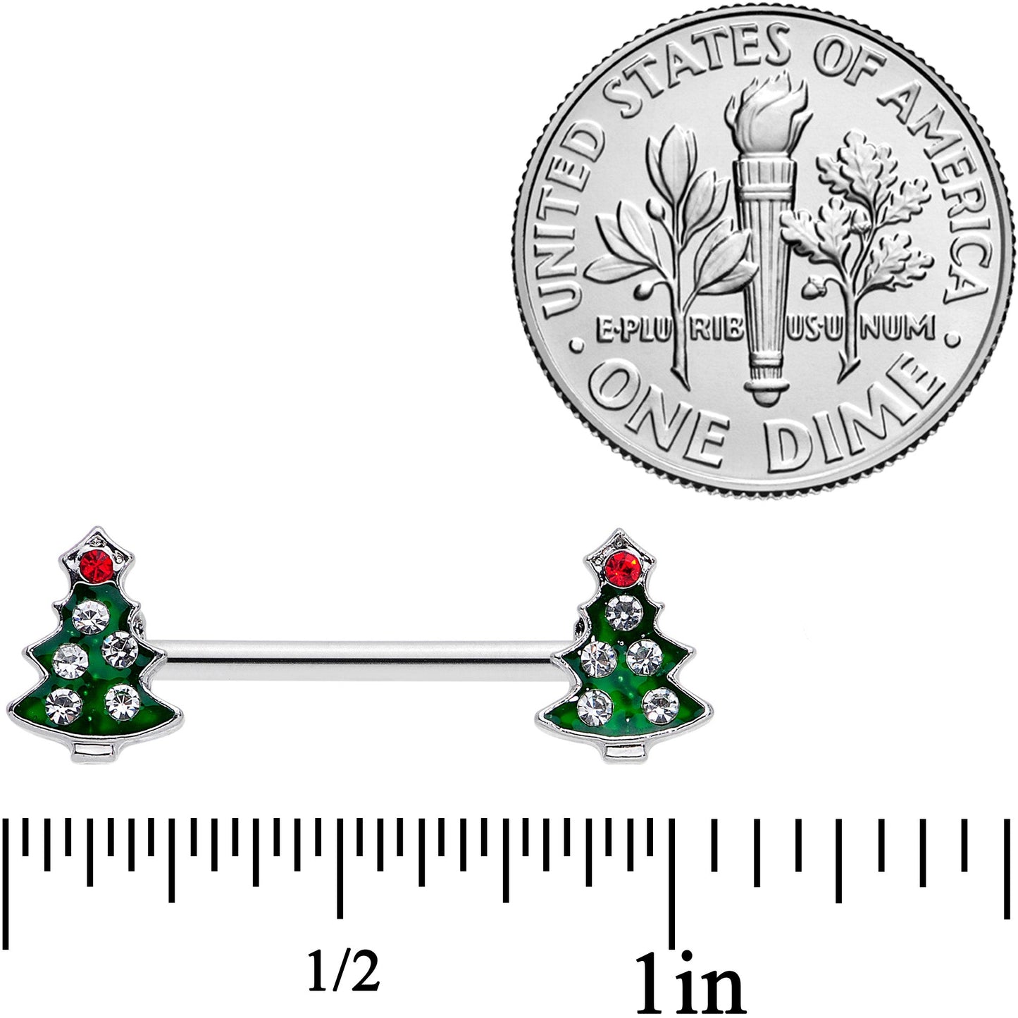14G 9/16 Clear Red Gem Christmas Tree Barbell Nipple Ring Set