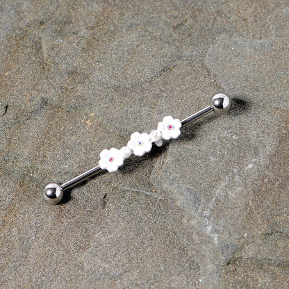 14G Aurora Gem White Flower Industrial Barbell 38mm