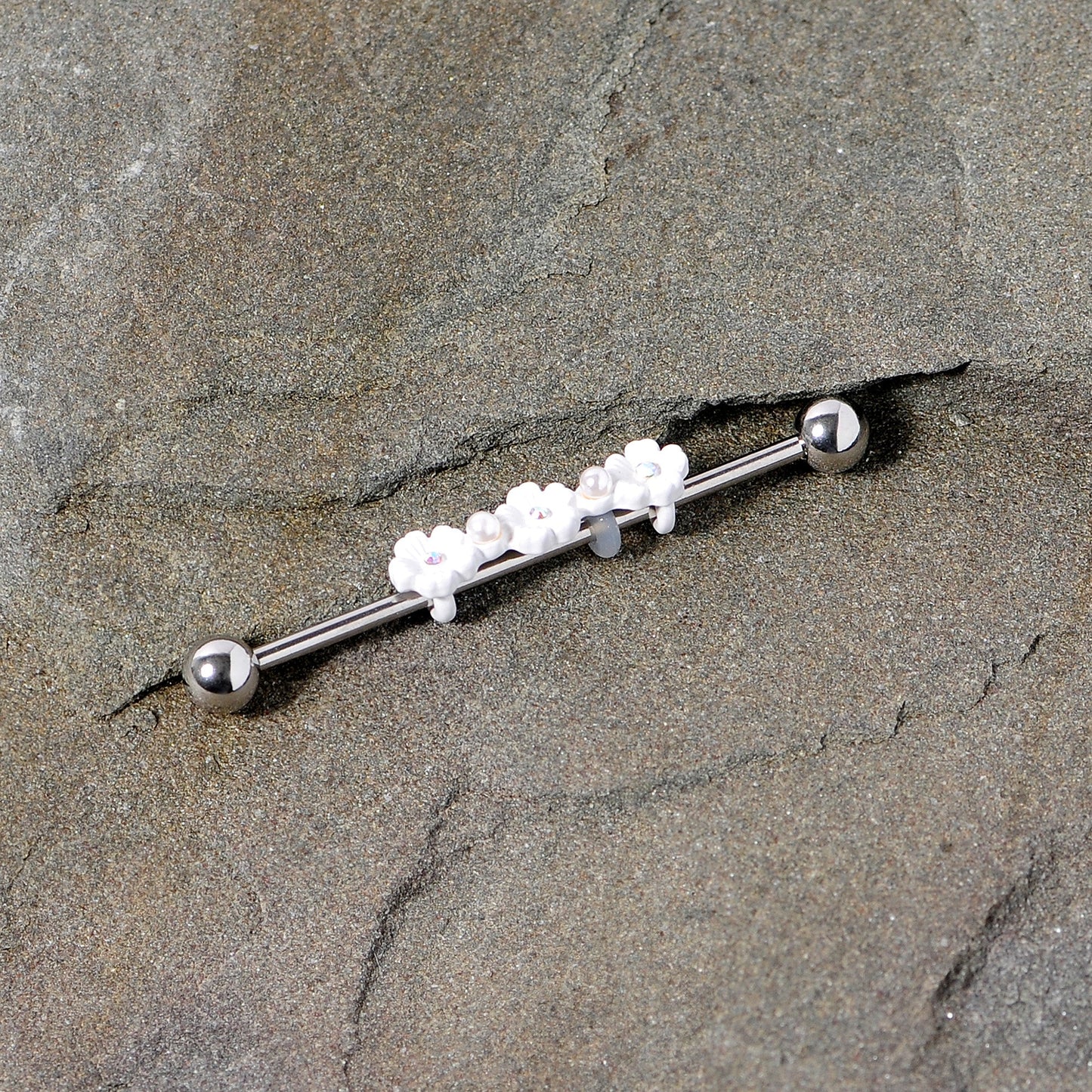 14G Aurora Gem White Flower Industrial Barbell 38mm