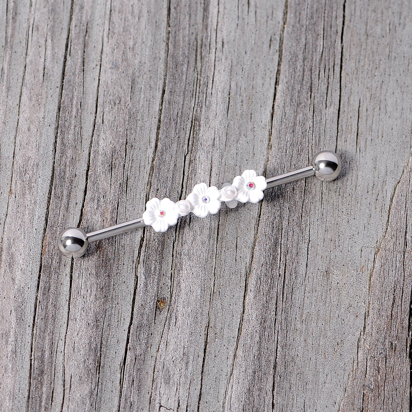 14G Aurora Gem White Flower Industrial Barbell 38mm
