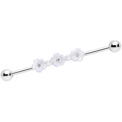 14G Clear Gem White Flower Industrial Barbell 38mm