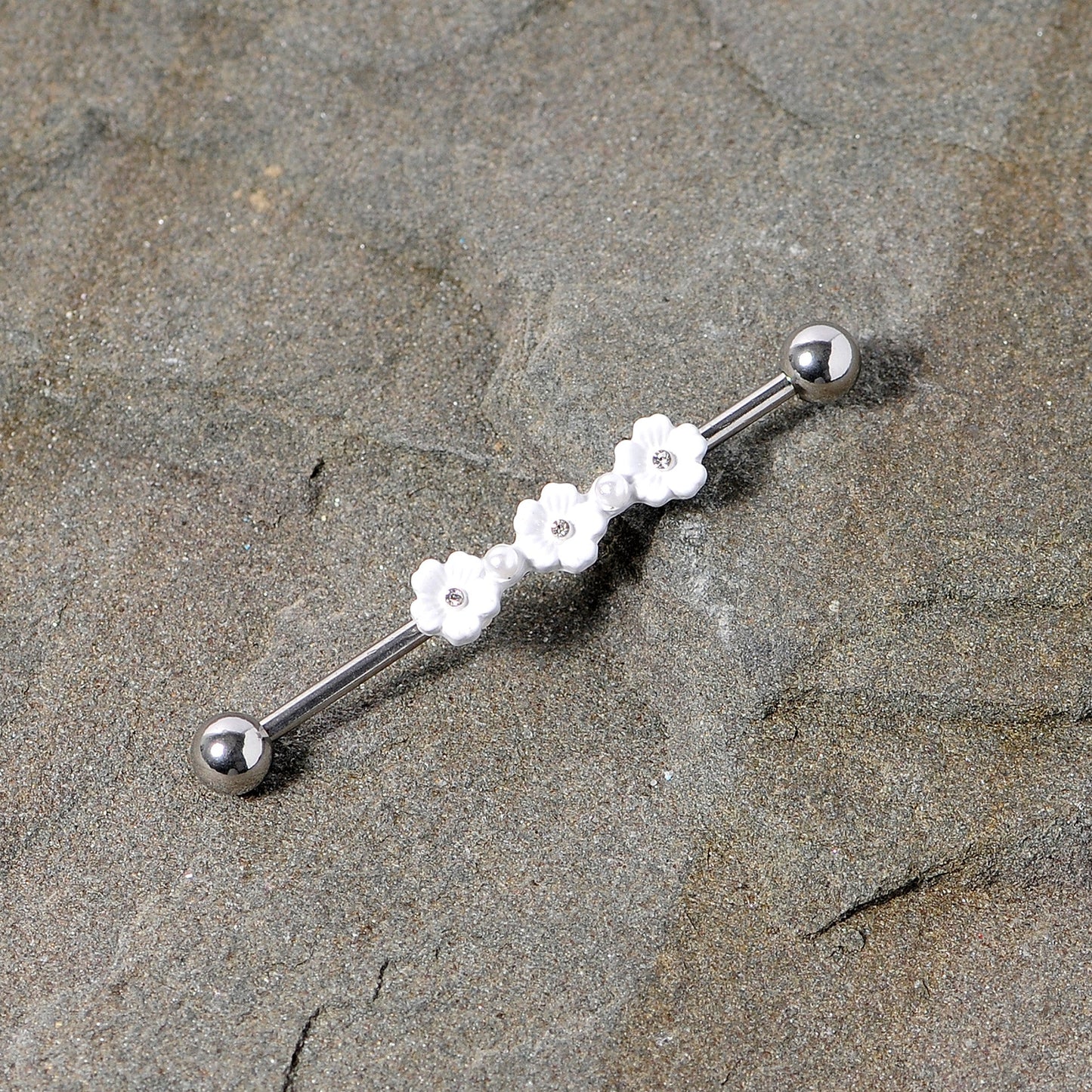 14G Clear Gem White Flower Industrial Barbell 38mm