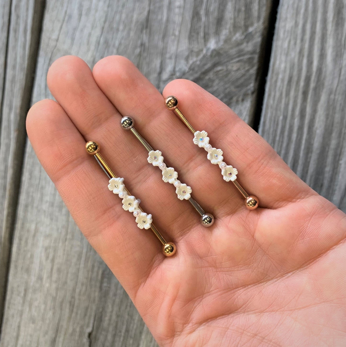 14G Aurora Gem Gold Tone Flower Industrial Barbell 38mm