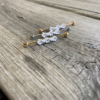 14G Clear Gem Gold Tone Flower Industrial Barbell 38mm