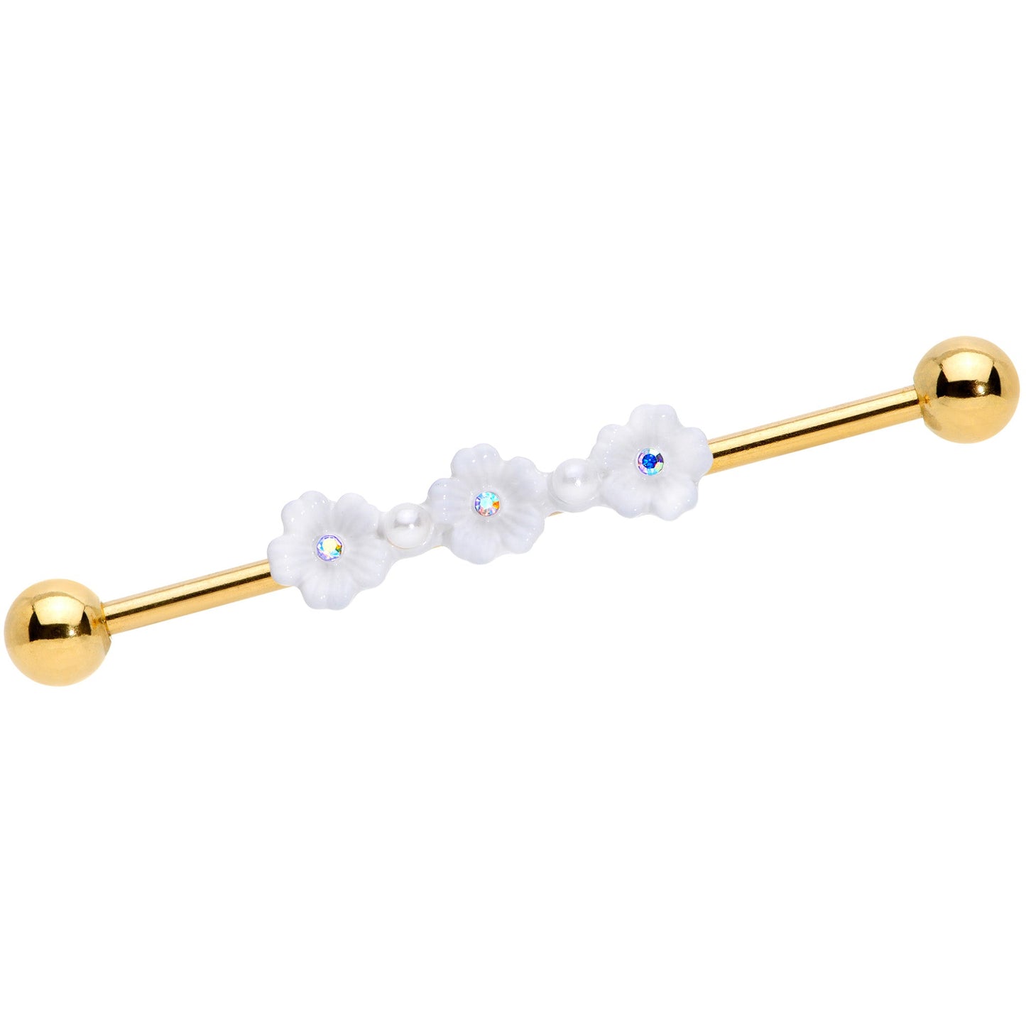 14G Aurora Gem Gold Tone Flower Industrial Barbell 38mm