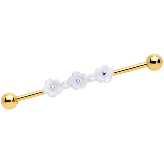 14G Aurora Gem Gold Tone Flower Industrial Barbell 38mm
