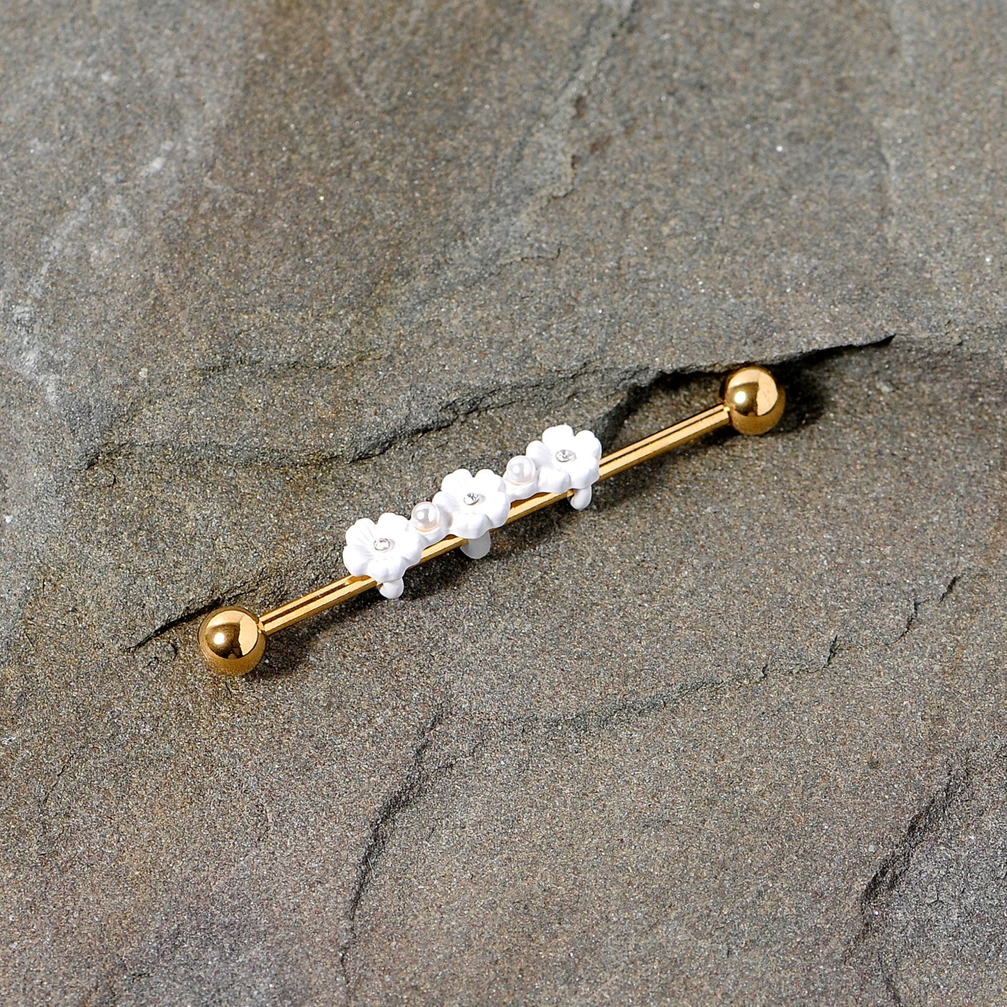 14G Aurora Gem Gold Tone Flower Industrial Barbell 38mm