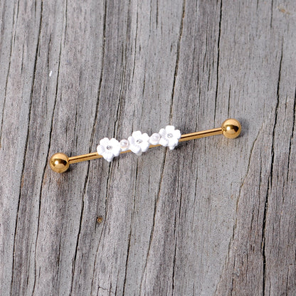 14G Aurora Gem Gold Tone Flower Industrial Barbell 38mm