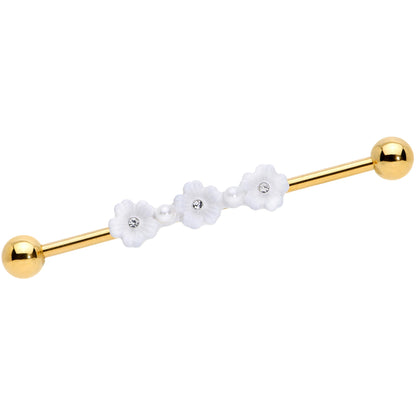 14G Clear Gem Gold Tone Flower Industrial Barbell 38mm