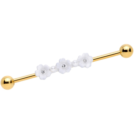 14G Clear Gem Gold Tone Flower Industrial Barbell 38mm