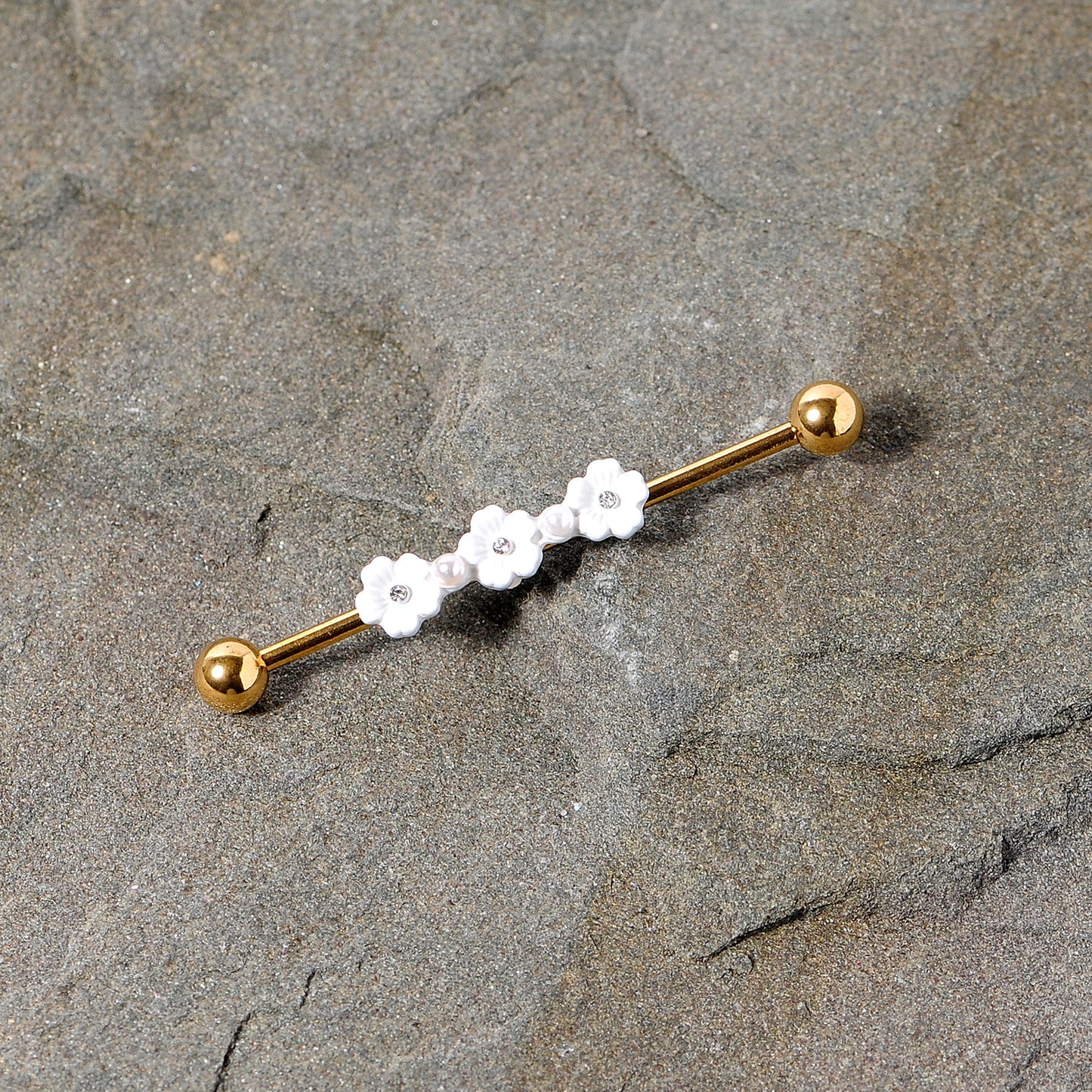 14G Clear Gem Gold Tone Flower Industrial Barbell 38mm