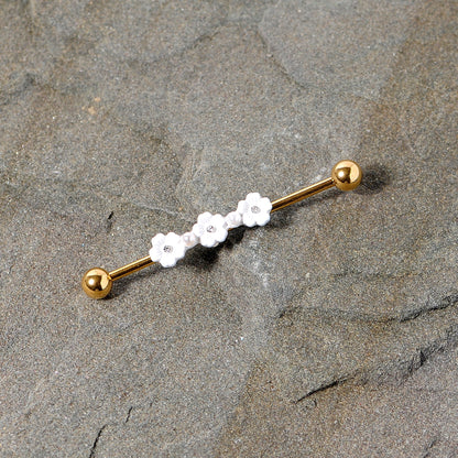 14G Clear Gem Gold Tone Flower Industrial Barbell 38mm