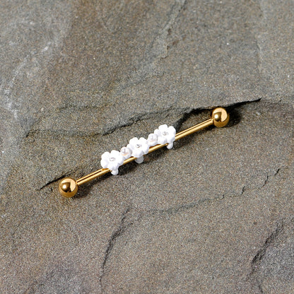 14G Clear Gem Gold Tone Flower Industrial Barbell 38mm