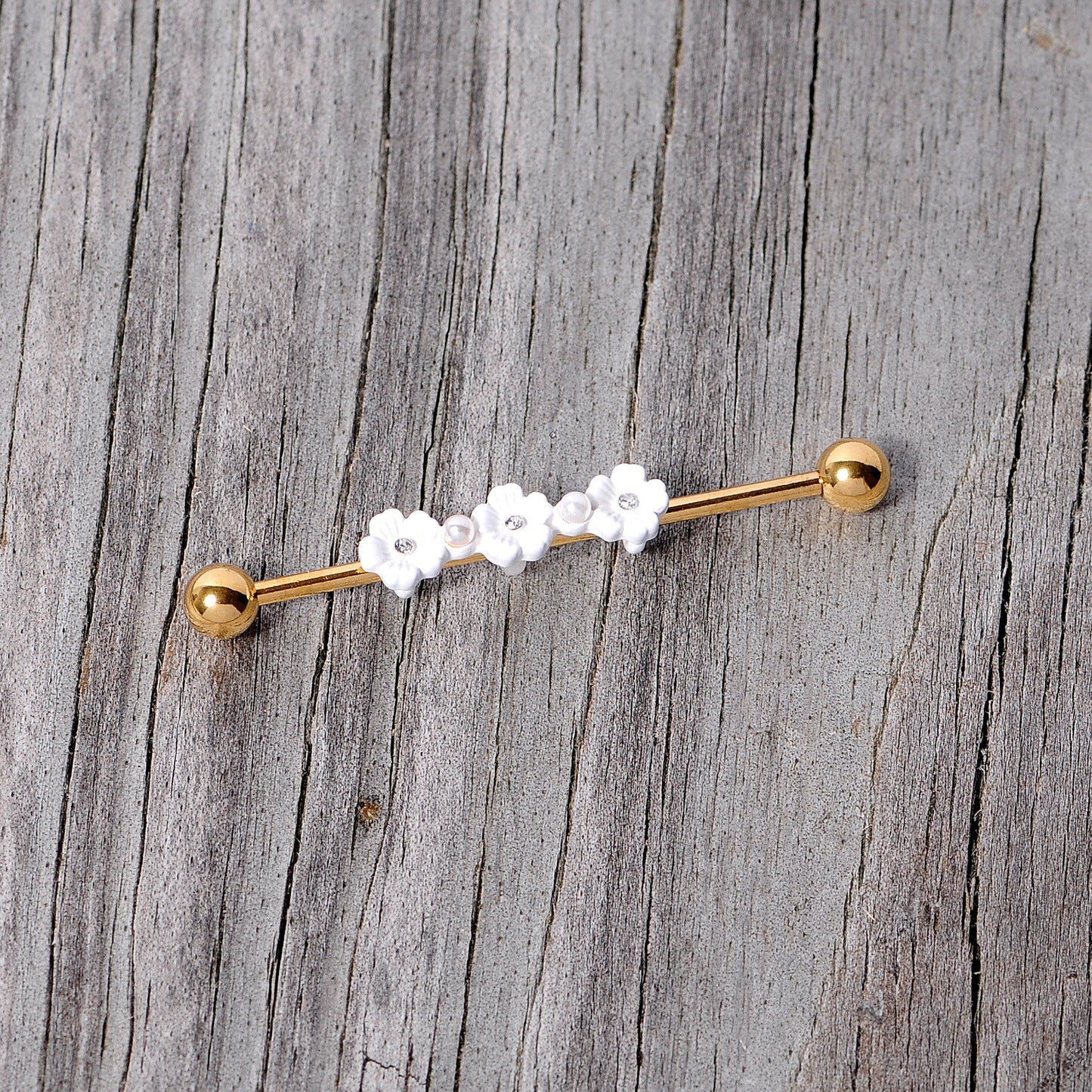 14G Clear Gem Gold Tone Flower Industrial Barbell 38mm