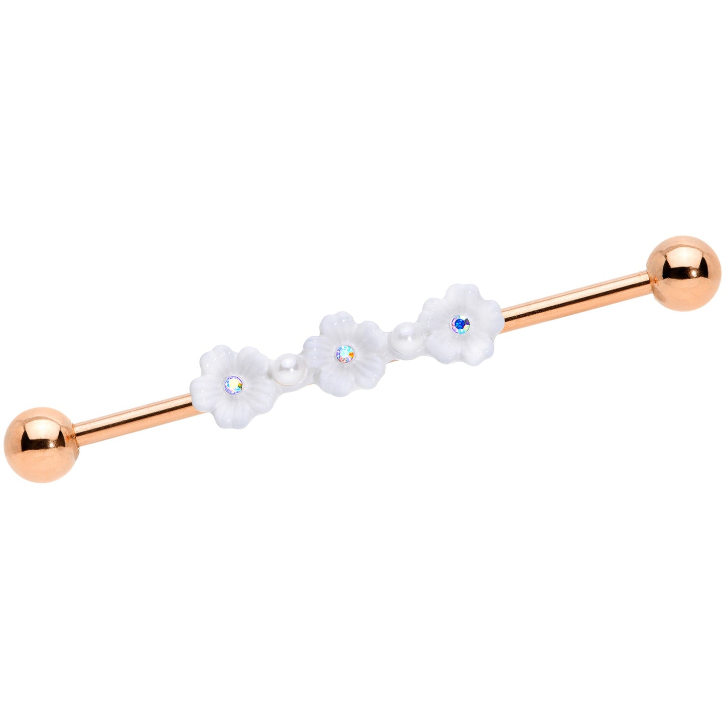 14G Aurora Gem Rose Gold Tone Flower Industrial Barbell 38mm