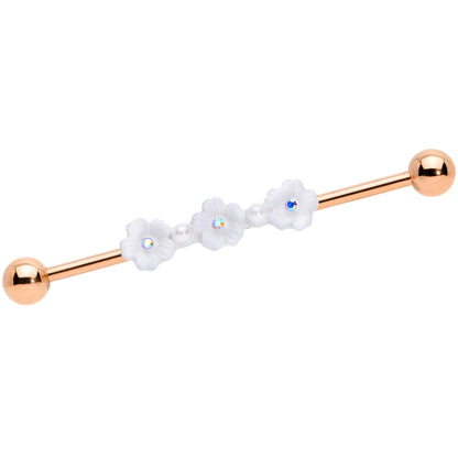 14G Aurora Gem Rose Gold Tone Flower Industrial Barbell 38mm
