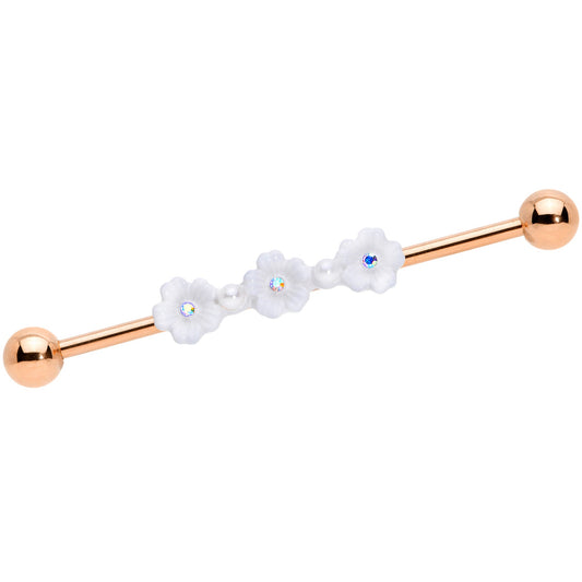 14G Aurora Gem Rose Gold Tone Flower Industrial Barbell 38mm