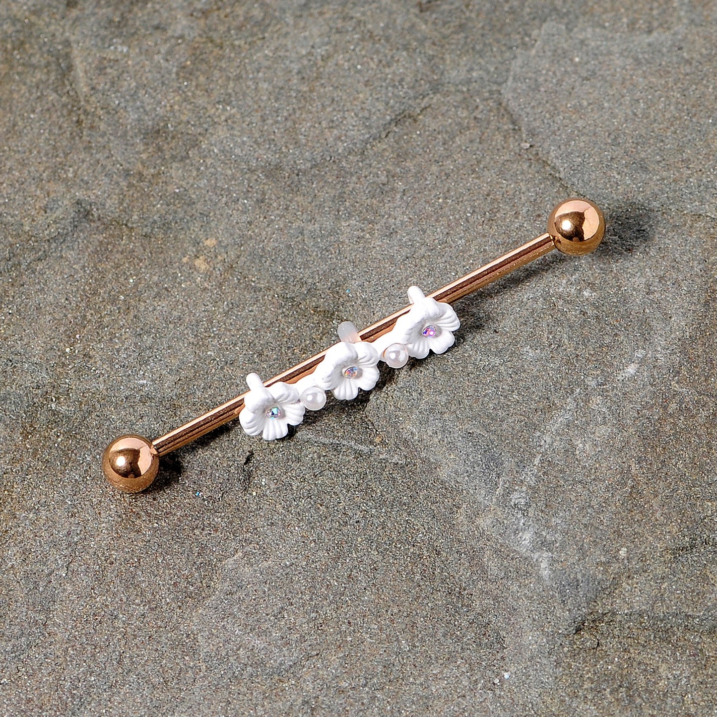 14G Aurora Gem Rose Gold Tone Flower Industrial Barbell 38mm