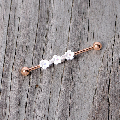 14G Aurora Gem Rose Gold Tone Flower Industrial Barbell 38mm