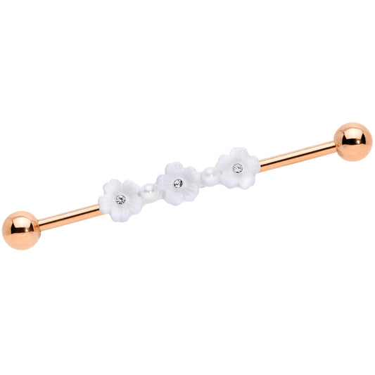 14G Clear Gem Rose Gold Tone Flower Industrial Barbell 38mm