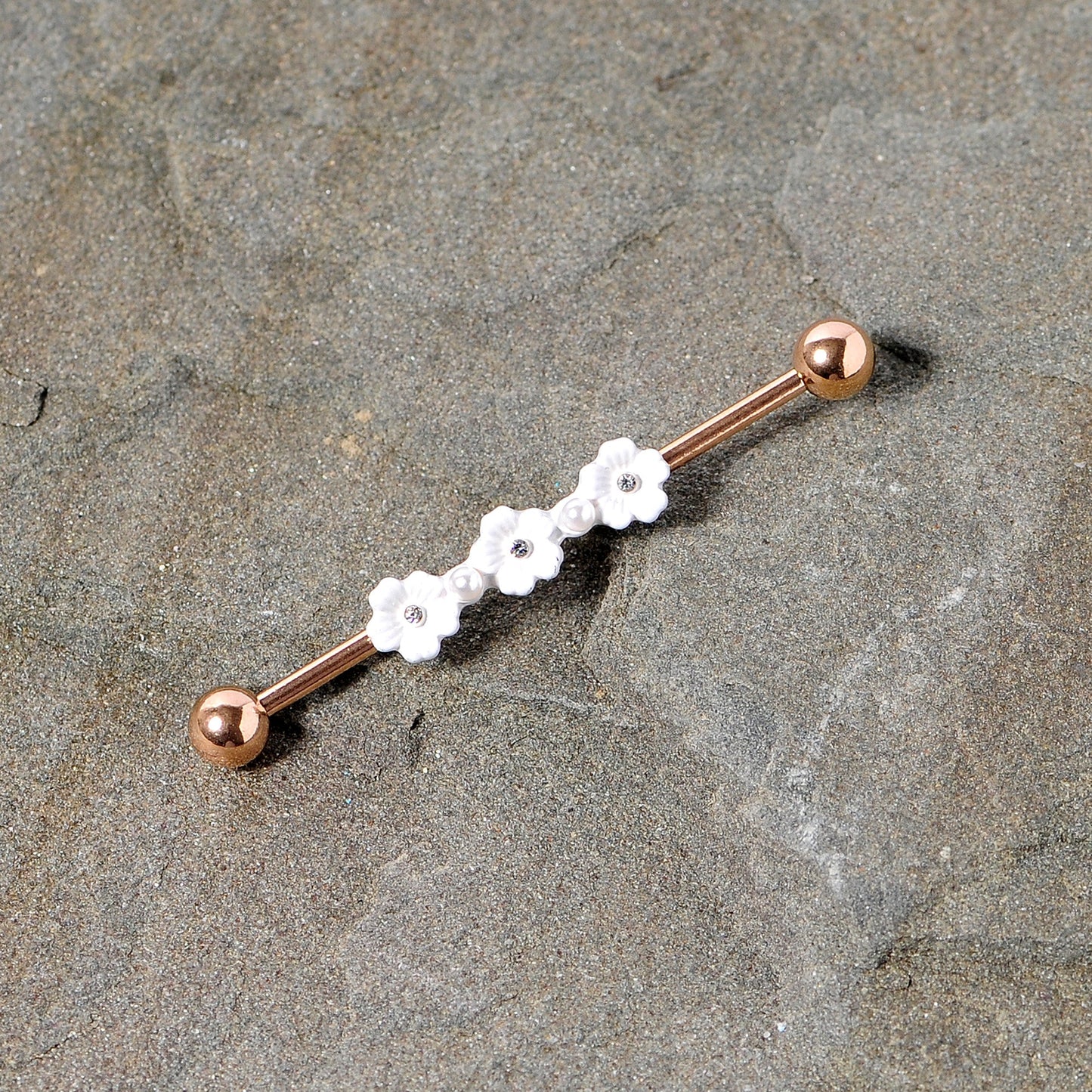 14G Clear Gem Rose Gold Tone Flower Industrial Barbell 38mm