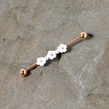 14G Clear Gem Rose Gold Tone Flower Industrial Barbell 38mm