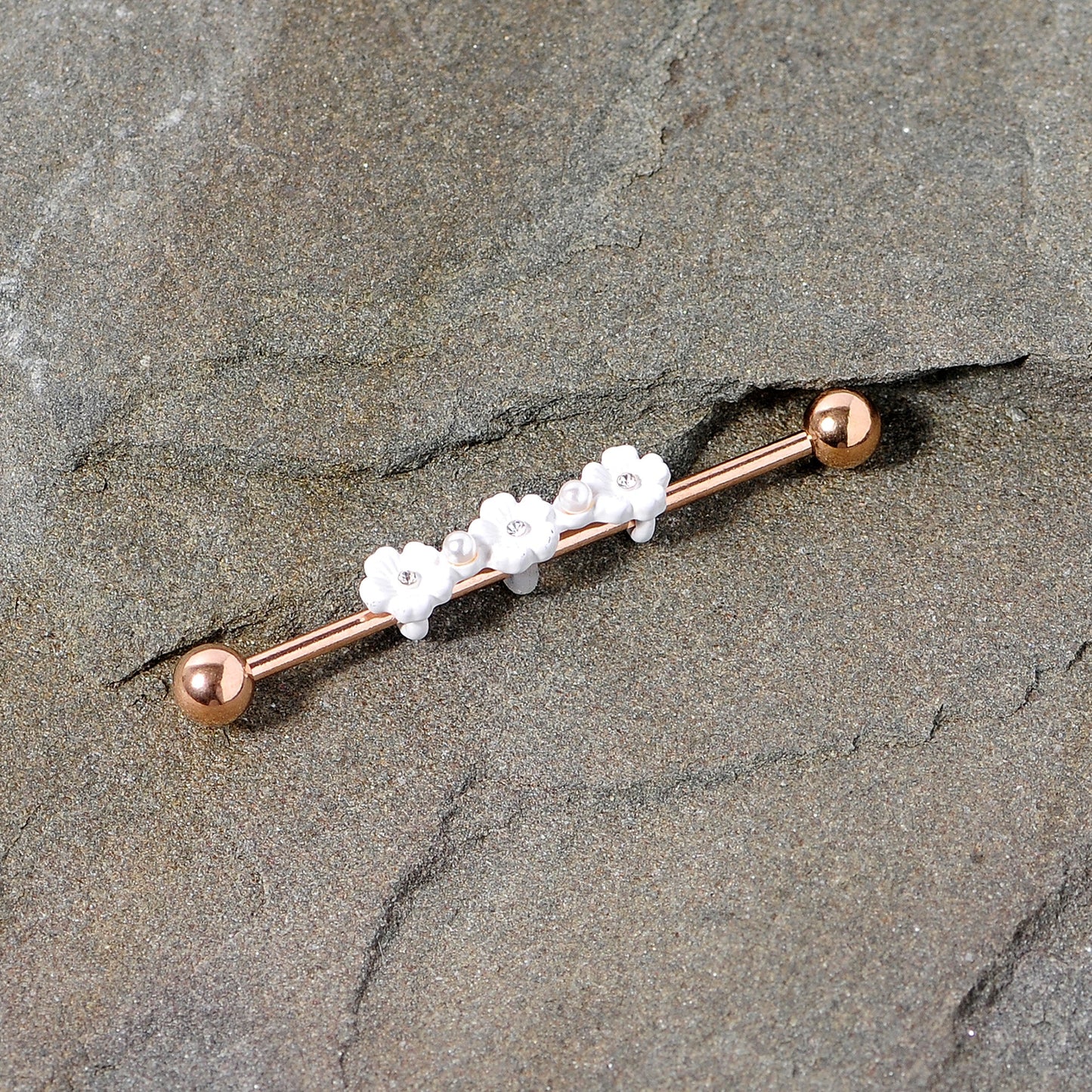 14G Clear Gem Rose Gold Tone Flower Industrial Barbell 38mm