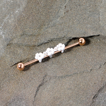 14G Clear Gem Rose Gold Tone Flower Industrial Barbell 38mm