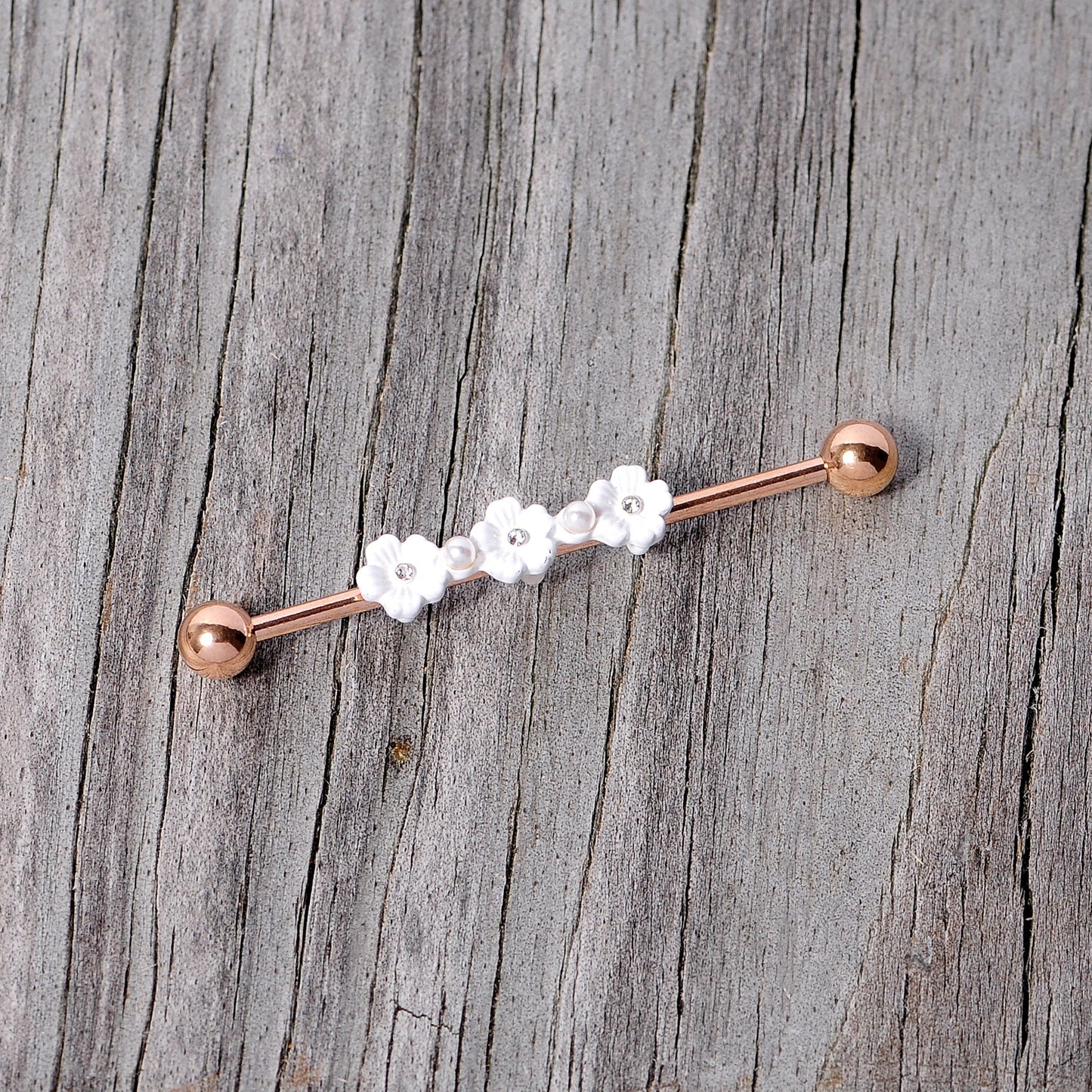 14G Clear Gem Rose Gold Tone Flower Industrial Barbell 38mm