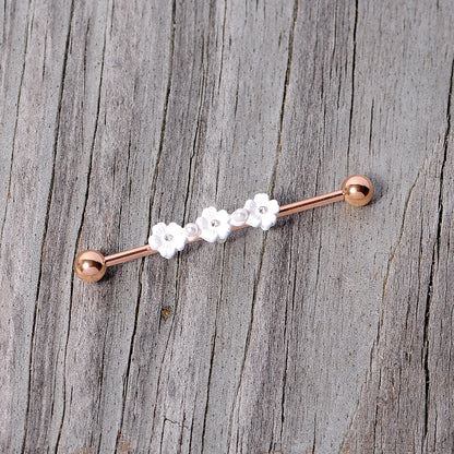 14G Clear Gem Rose Gold Tone Flower Industrial Barbell 38mm