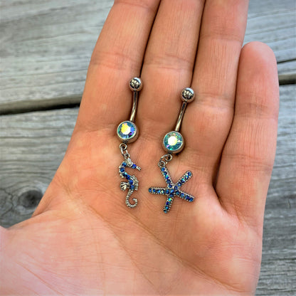 Blue Gem Starfish Seahorse Nautical Dangle Belly Ring Set of 2