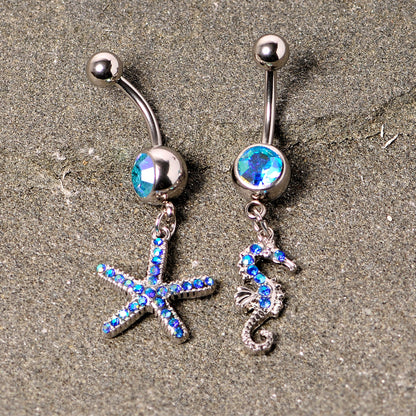 Blue Gem Starfish Seahorse Nautical Dangle Belly Ring Set of 2