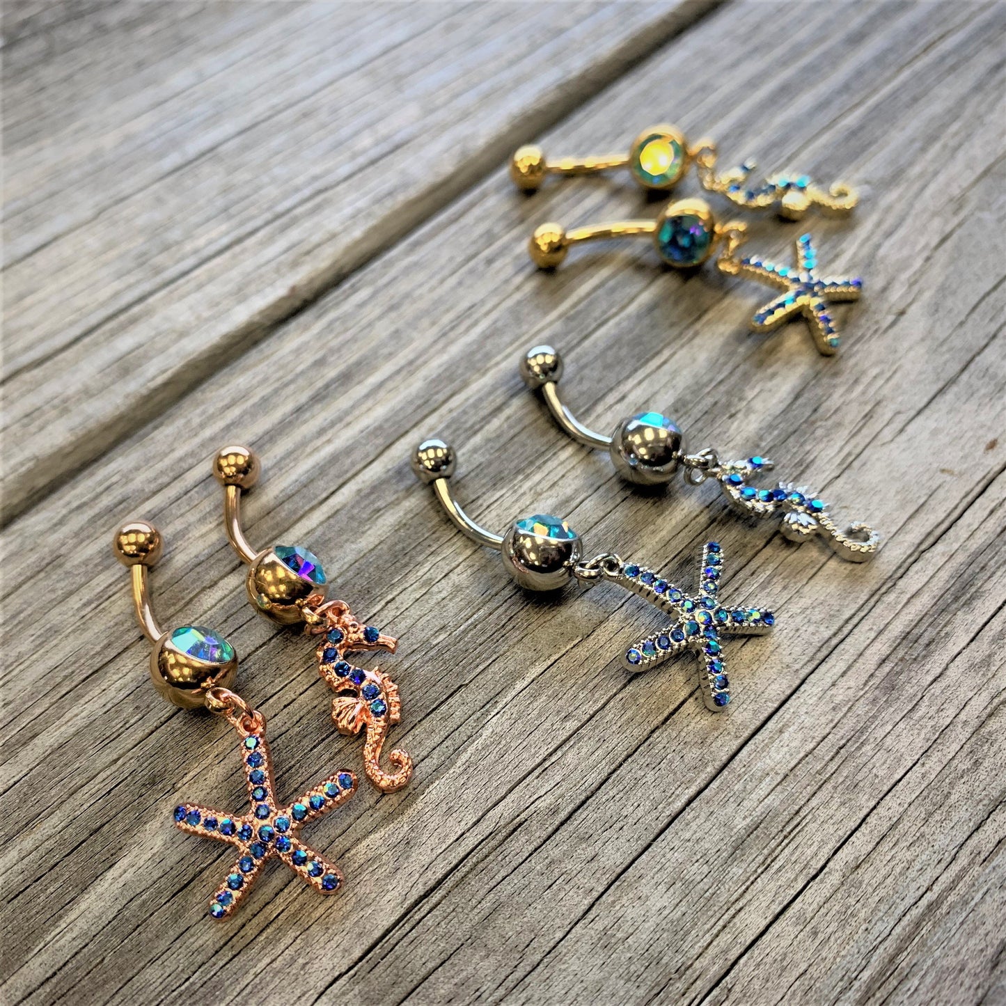 Blue Gem Gold Tone Starfish Seahorse Nautical Belly Ring Set of 2