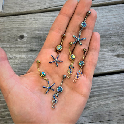 Blue Gem Gold Tone Starfish Seahorse Nautical Belly Ring Set of 2