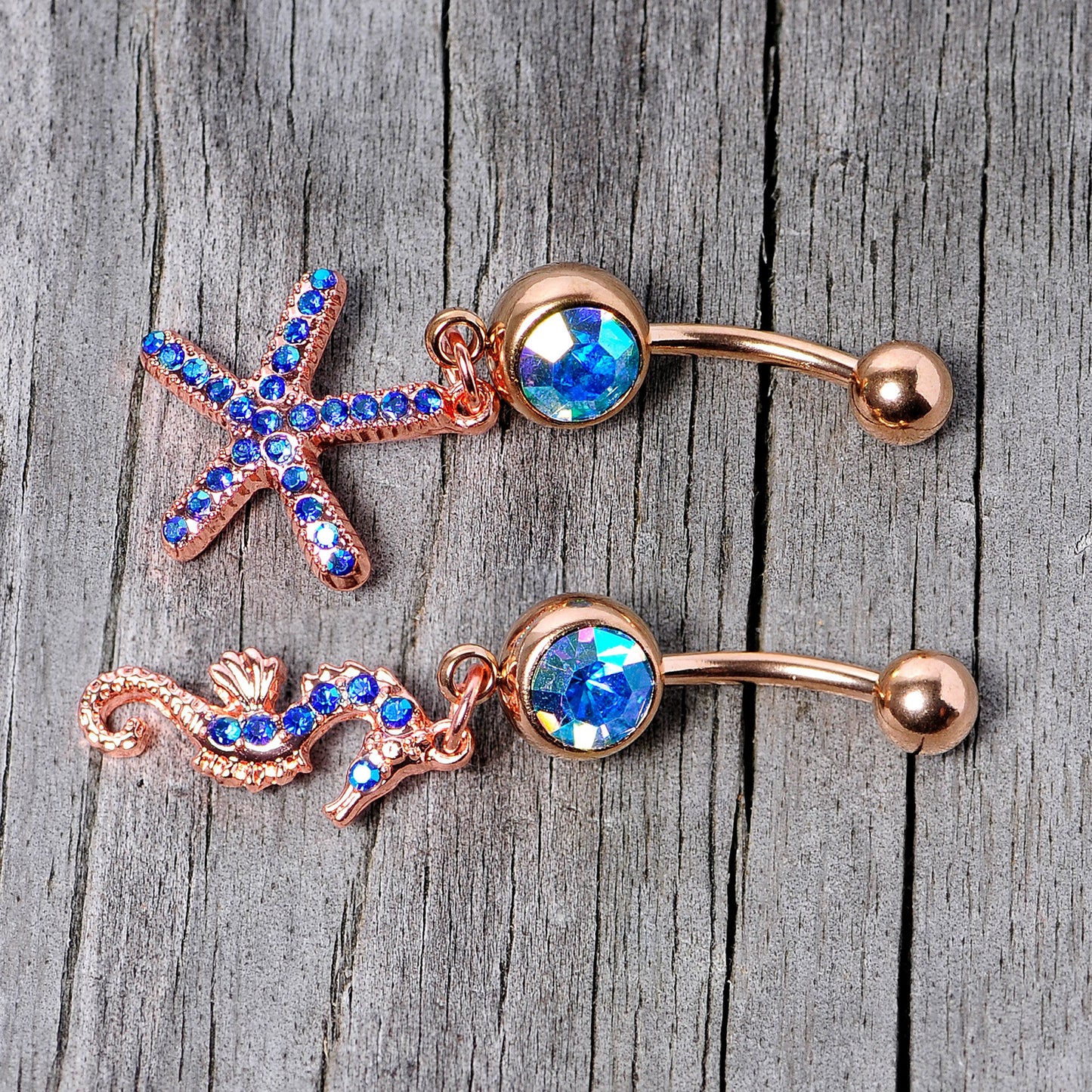 Blue Gem Rose Gold Tone Starfish Seahorse Nautical Belly Ring Set of 2