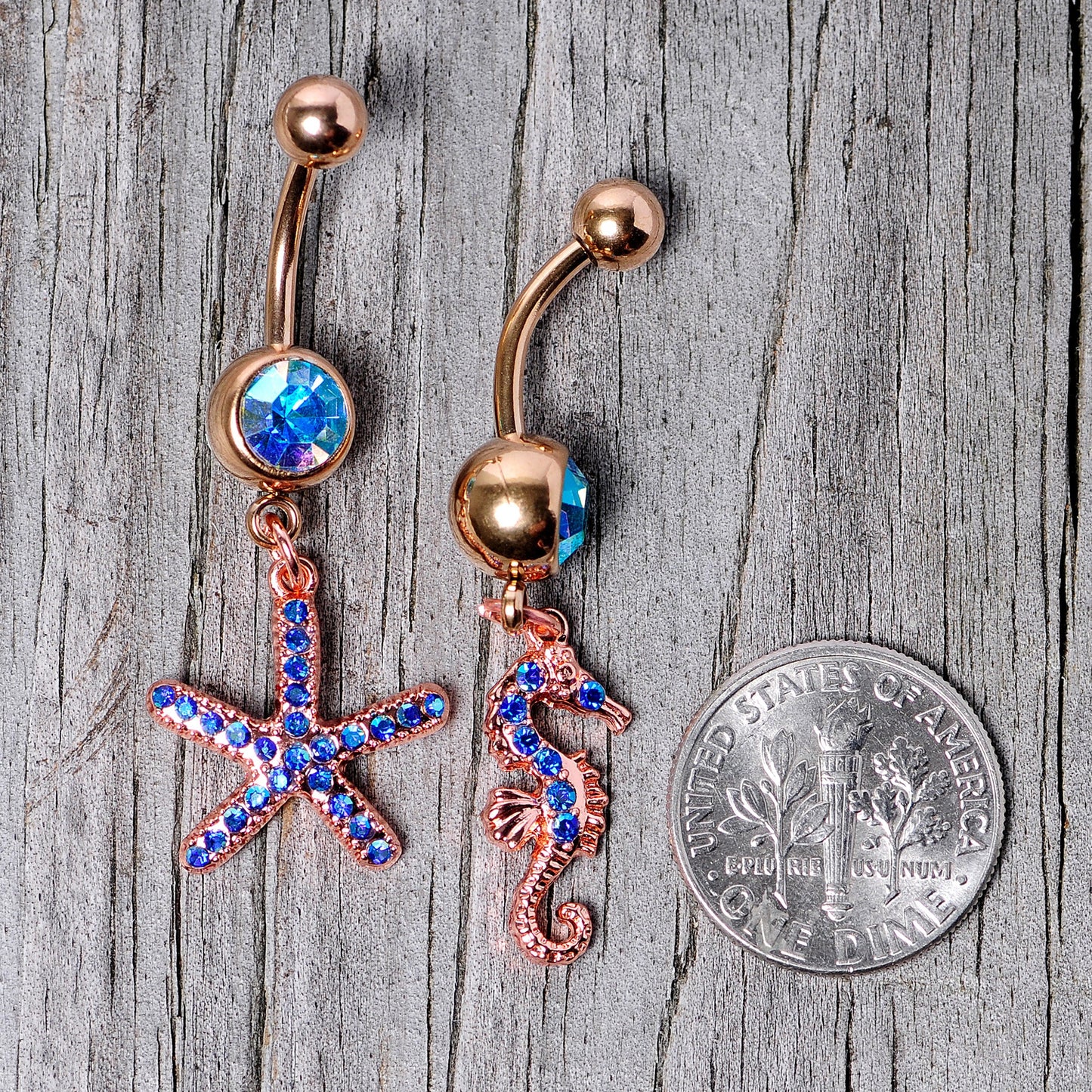 Blue Gem Rose Gold Tone Starfish Seahorse Nautical Belly Ring Set of 2