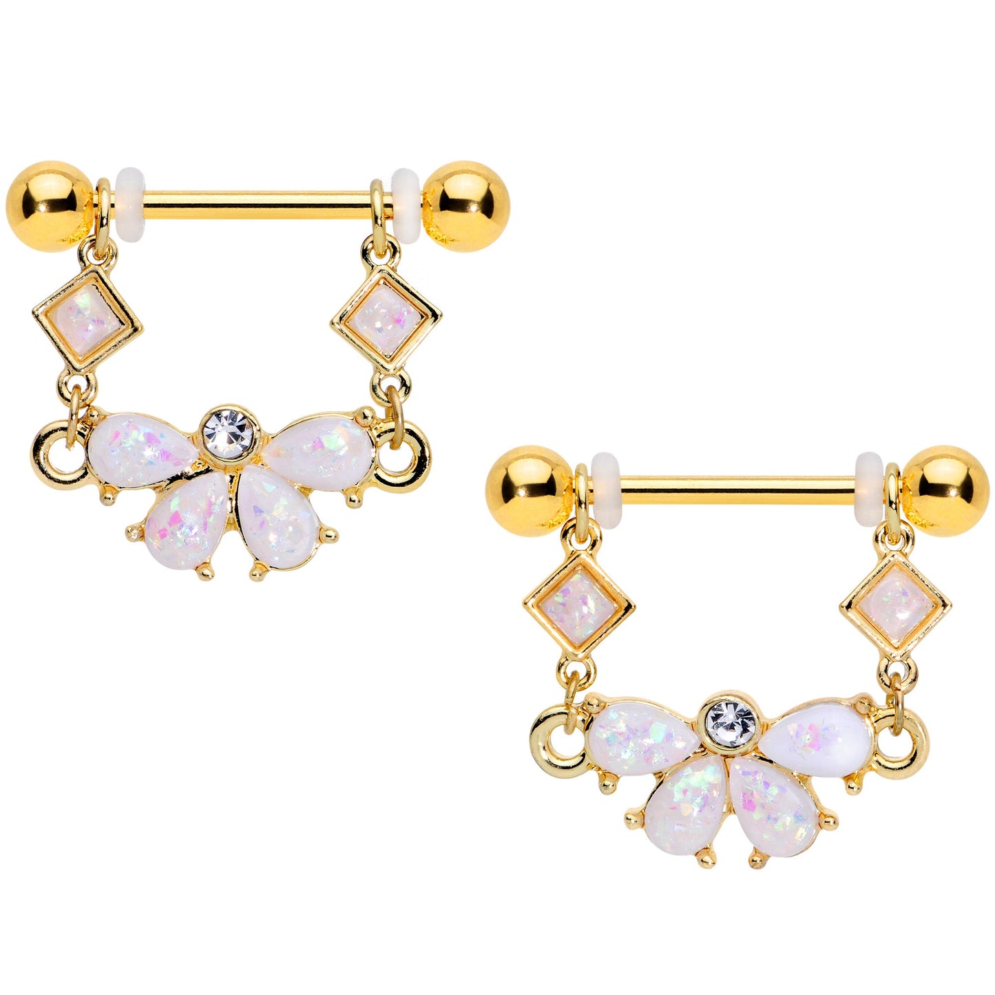 14G 5/8 White Faux Opal Gold Tone Bow Dangle Nipple Ring Set