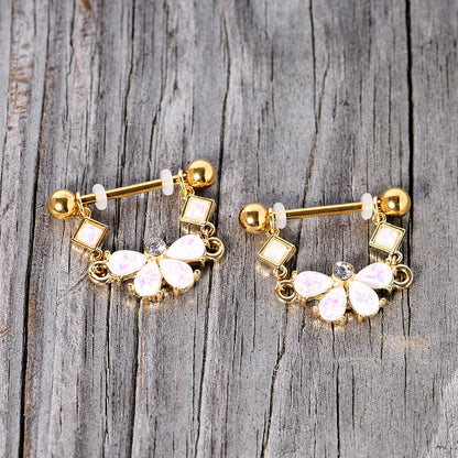 14G 5/8 White Faux Opal Gold Tone Bow Dangle Nipple Ring Set