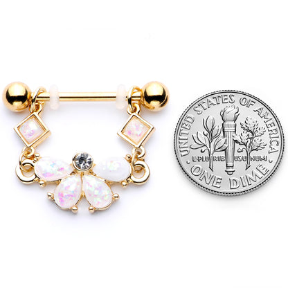 14G 5/8 White Faux Opal Gold Tone Bow Dangle Nipple Ring Set
