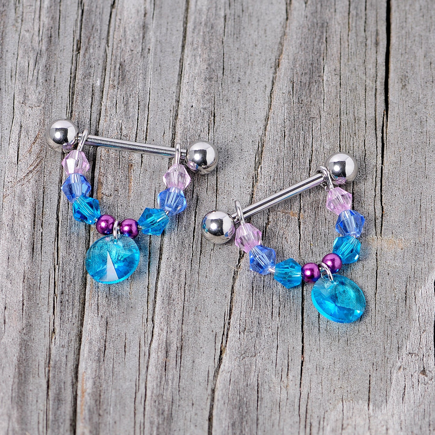 14G 5/8 Pink Aqua Gem Disc Dangle Barbell Nipple Ring Set