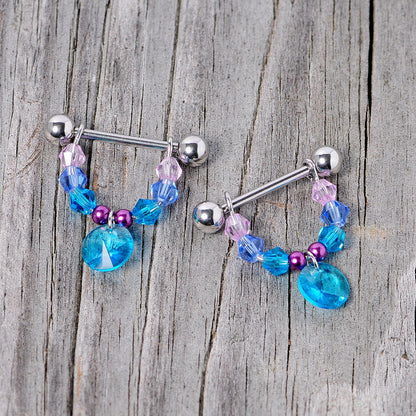 14G 5/8 Pink Aqua Gem Disc Dangle Barbell Nipple Ring Set