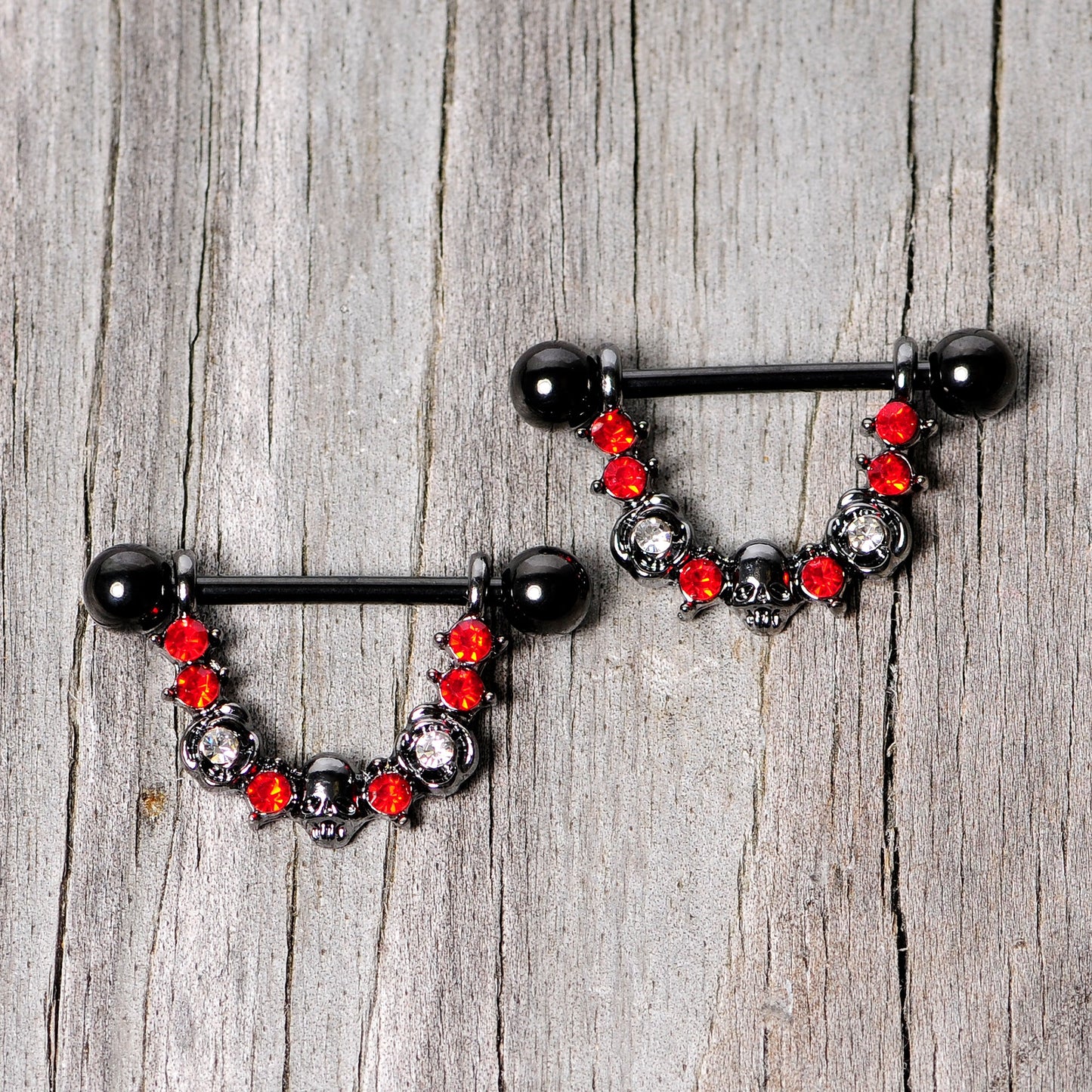 14G 5/8 Red Clear Gem Black Skull Rose Dangle Nipple Ring Set