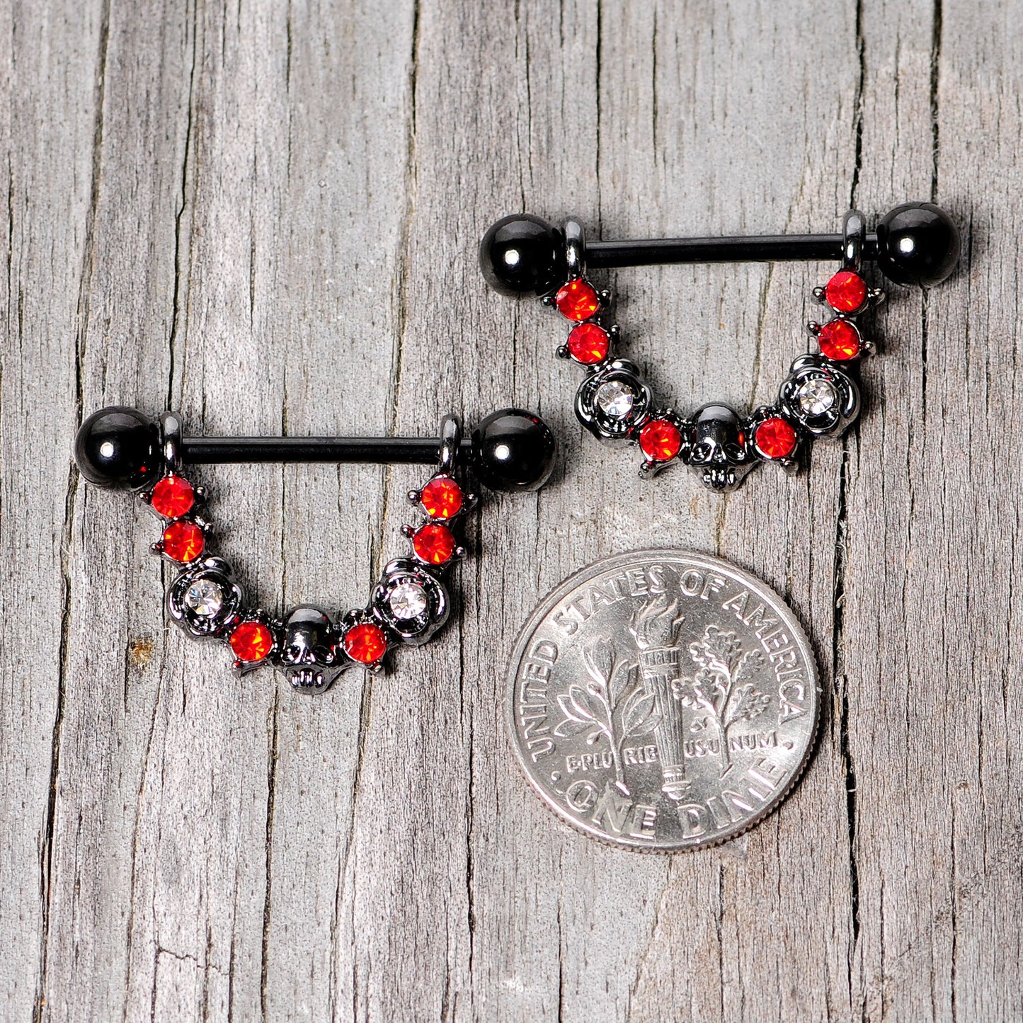 14G 5/8 Red Clear Gem Black Skull Rose Dangle Nipple Ring Set