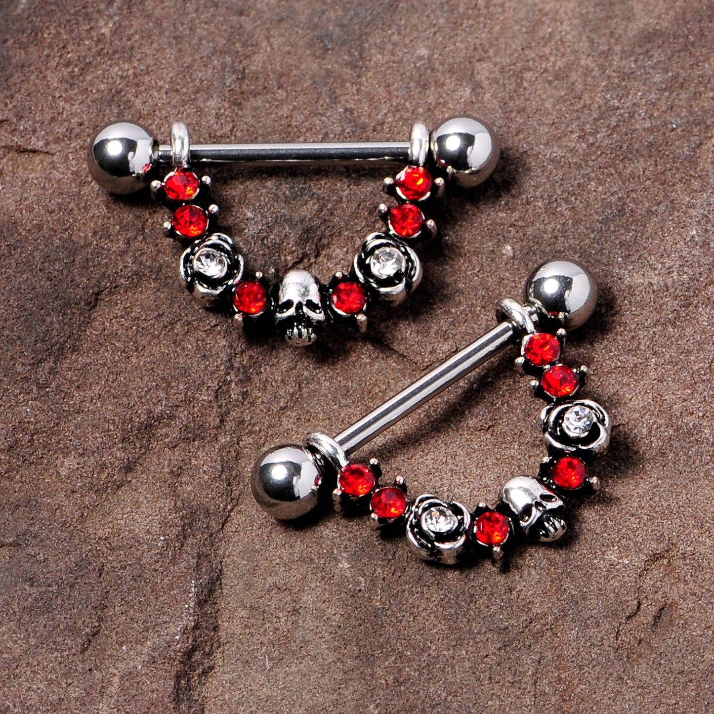 14G 5/8 Red Clear Gem Halloween Skull Rose Dangle Nipple Ring Set